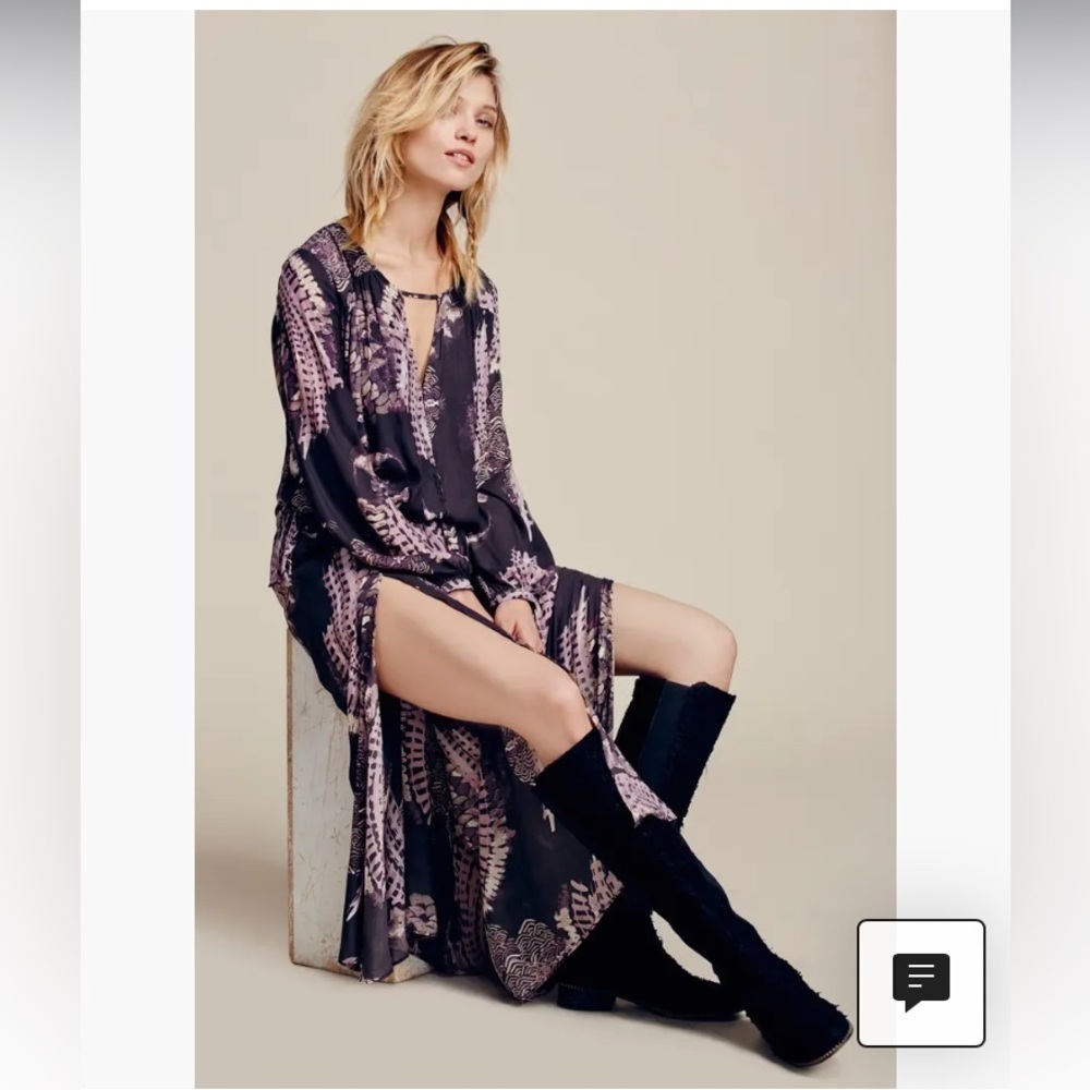 Free People Out Of The Woods Deep V Neck Maxi Dress In Gray & Purple. Xs